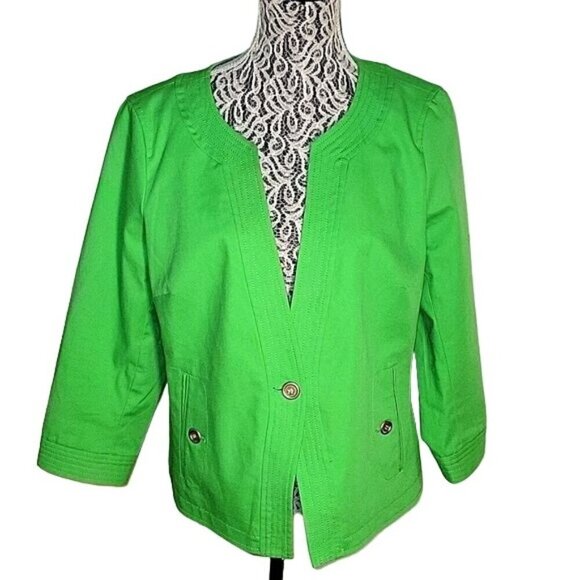 TALBOT's Lime Green Blazer Jacket Womens 3/4 Sleeve Button‎ Front Officecore 16 - Picture 1 of 6